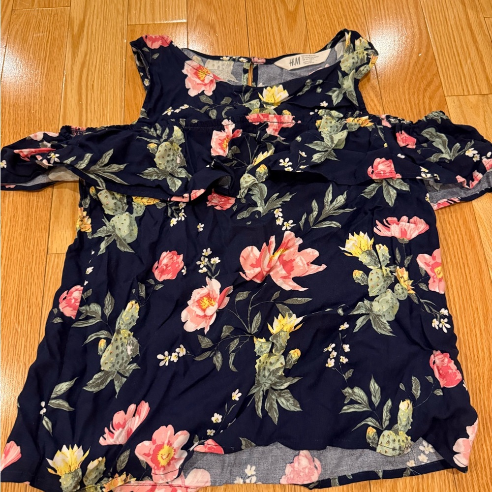 H&M Navy Floral Cold-Shoulder Blouse with Pink & Yellow Blooms Kids